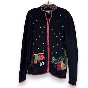 Vintage Christmas Sweater Medium Embroidered Patches Black Red
